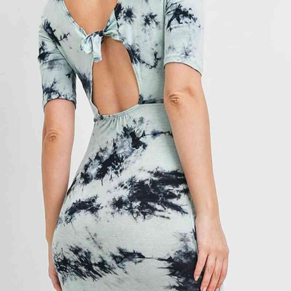 Tie Dye Cut Out Tie Back Bodycon Dress in Green Blue - Picture 3 of 5
